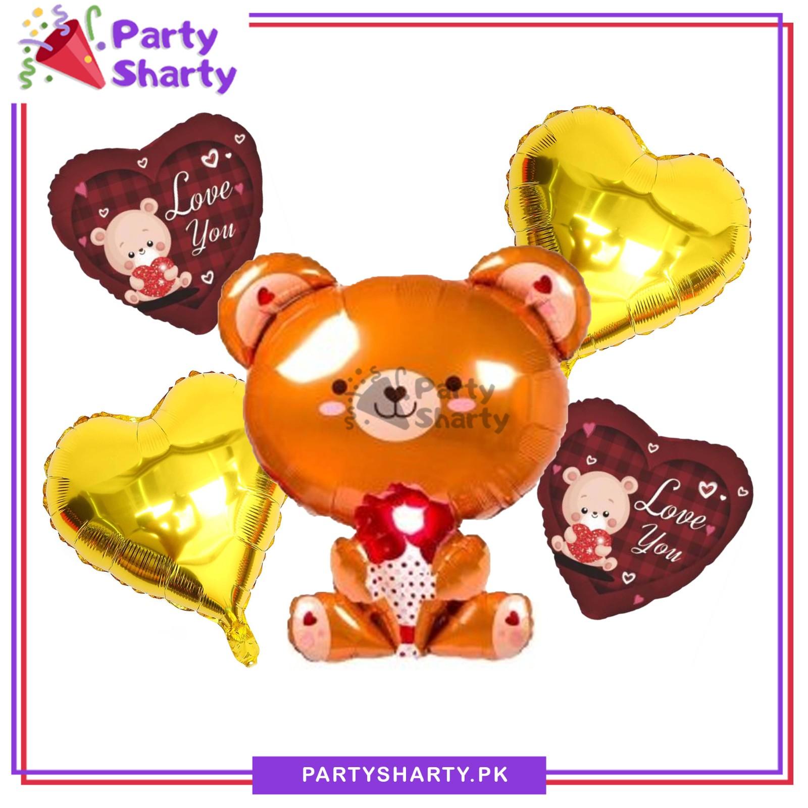 5pcs Teddy Bear Holding Rose Foil Balloons Set For Anniversary or Valentine Theme Party Decoration