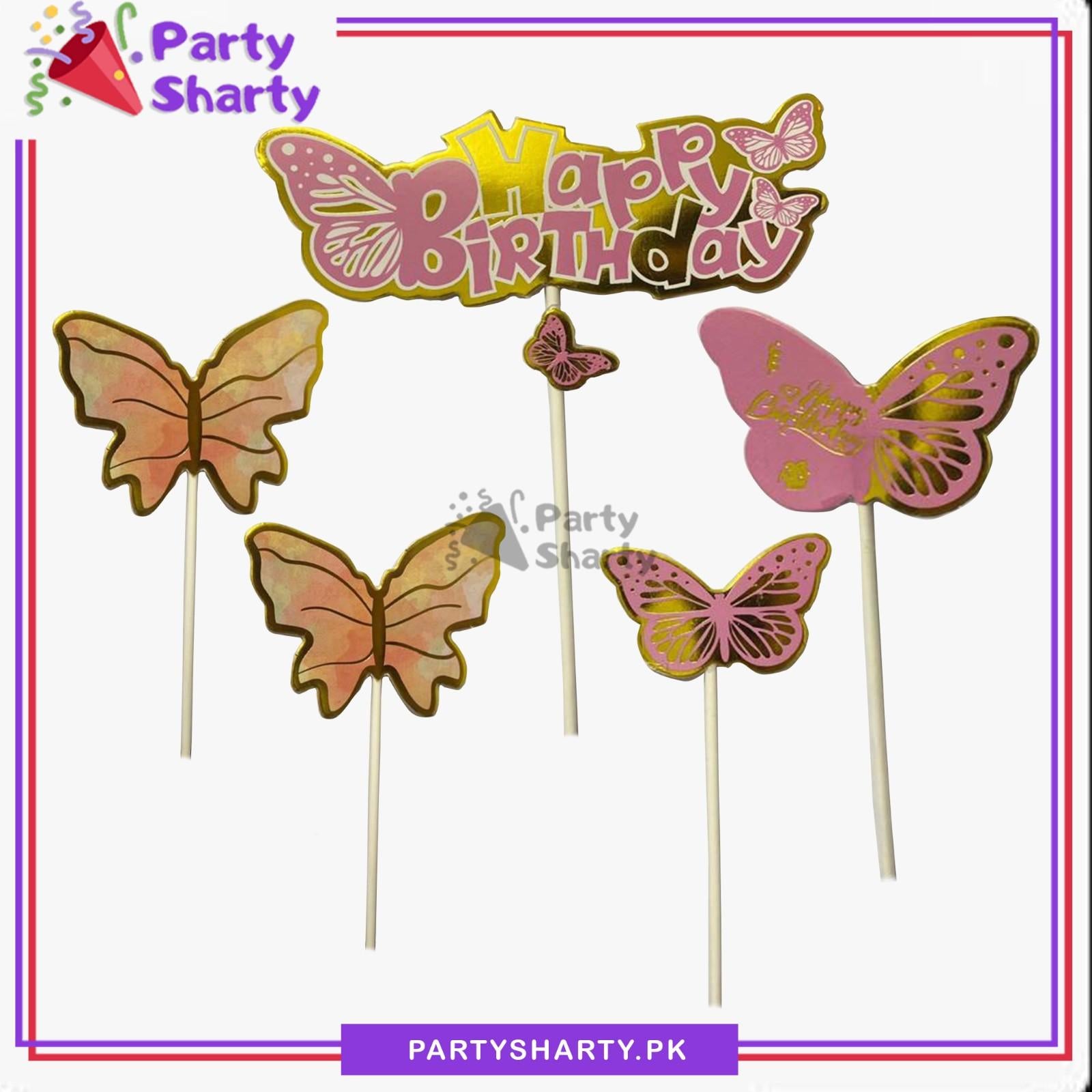 5pcs/Set Butterfly Theme Happy Birthday Cake Toppers For Cake Decoration