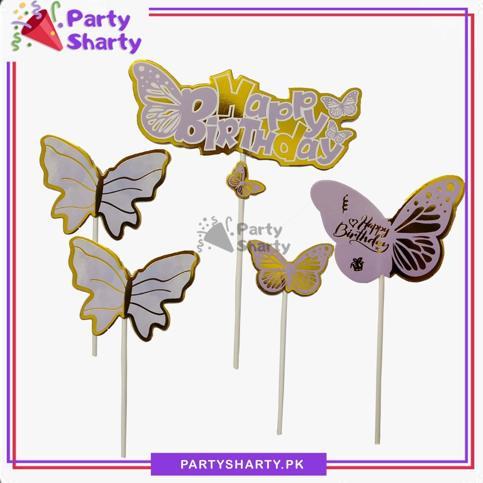 5pcs/Set Butterfly Theme Happy Birthday Cake Toppers For Cake Decoration