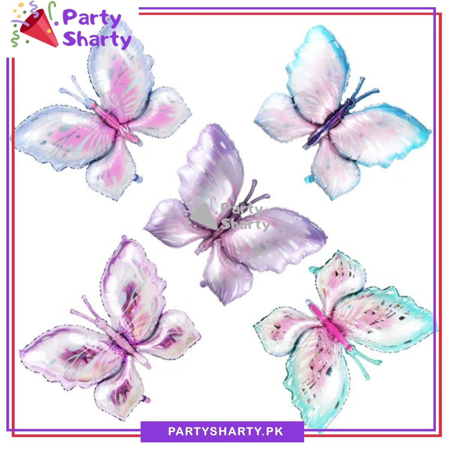 5pcs/Set Sky Blue, Lilac & Pink Shade Butterfly Foil Balloon For Butterfly Themed Birthday, Baby Shower Party and Event Decoration