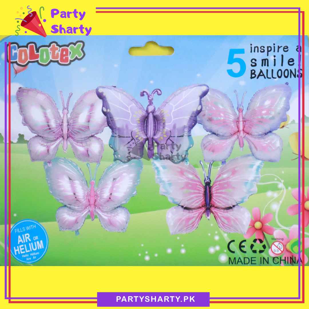 5pcs/Set Sky Blue, Lilac & Pink Shade Butterfly Foil Balloon For Butterfly Themed Birthday, Baby Shower Party and Event Decoration