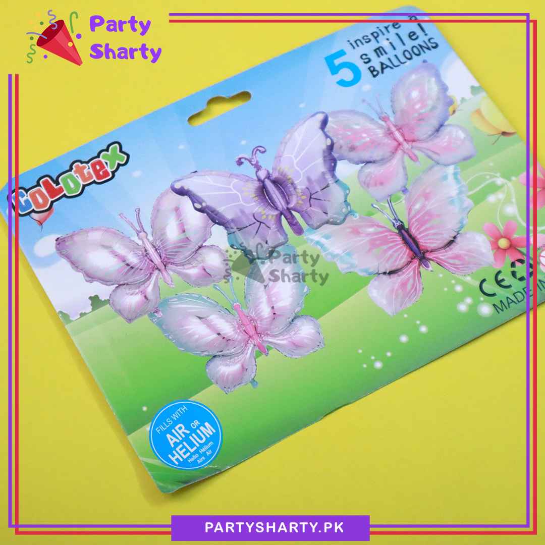 5pcs/Set Sky Blue, Lilac & Pink Shade Butterfly Foil Balloon For Butterfly Themed Birthday, Baby Shower Party and Event Decoration