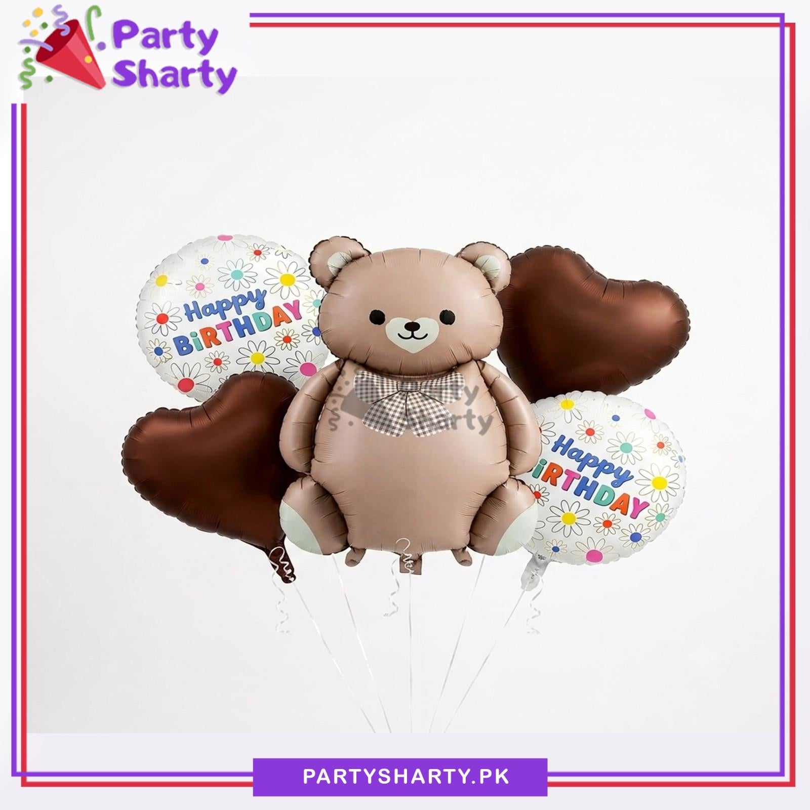 D-3 5pcs/set Vintage Teddy Bear Foil Balloons Set For Happy Birthday Decoration & Celebration