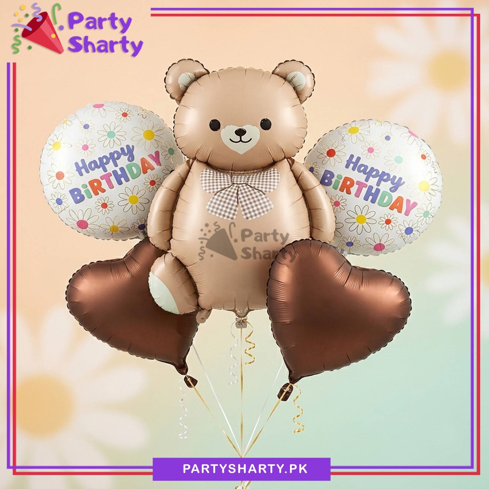 D-3 5pcs/set Vintage Teddy Bear Foil Balloons Set For Happy Birthday Decoration & Celebration