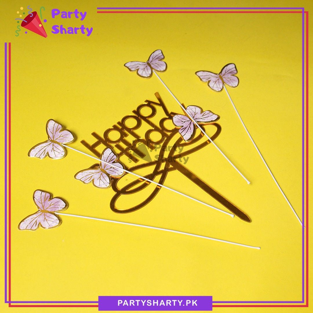 5pcs/set Golden Acrylic Happy Birthday Butterfly Theme Cake Toppers For Cake Decoration