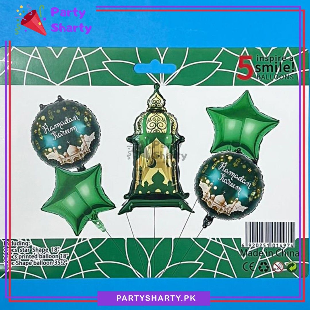 5pcs/set Green Ramadan Kareem Lantern Foil Balloon For Ramadan Decoration