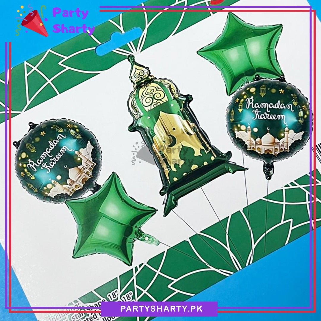 5pcs/set Green Ramadan Kareem Lantern Foil Balloon For Ramadan Decoration