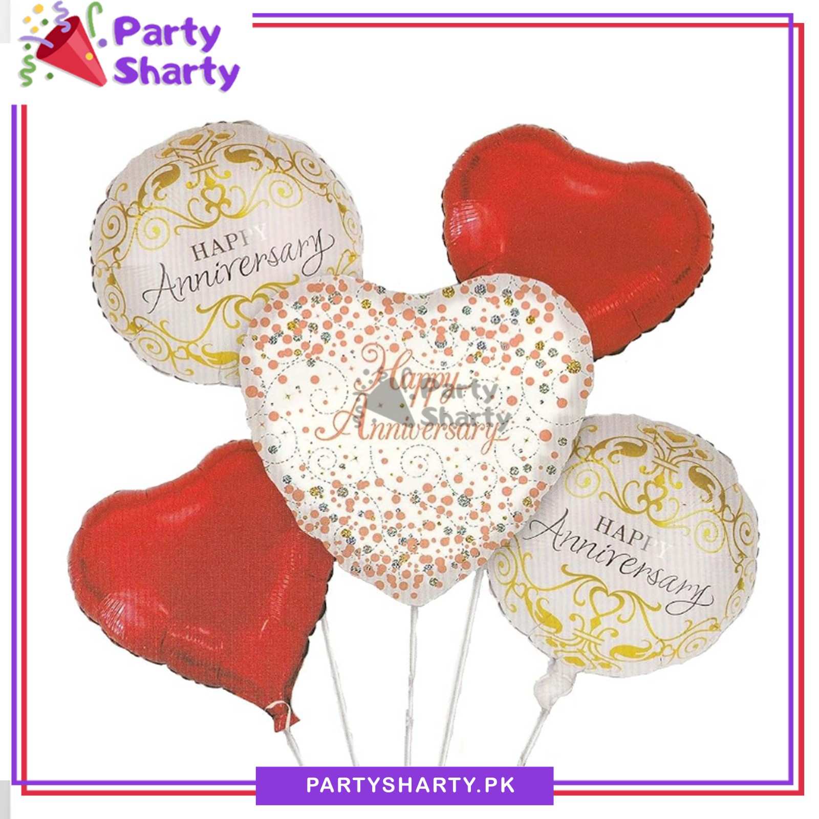 5pcs/set Happy Anniversary Heart Shaped Foil Balloons Set For Anniversary Decoration & Celebration
