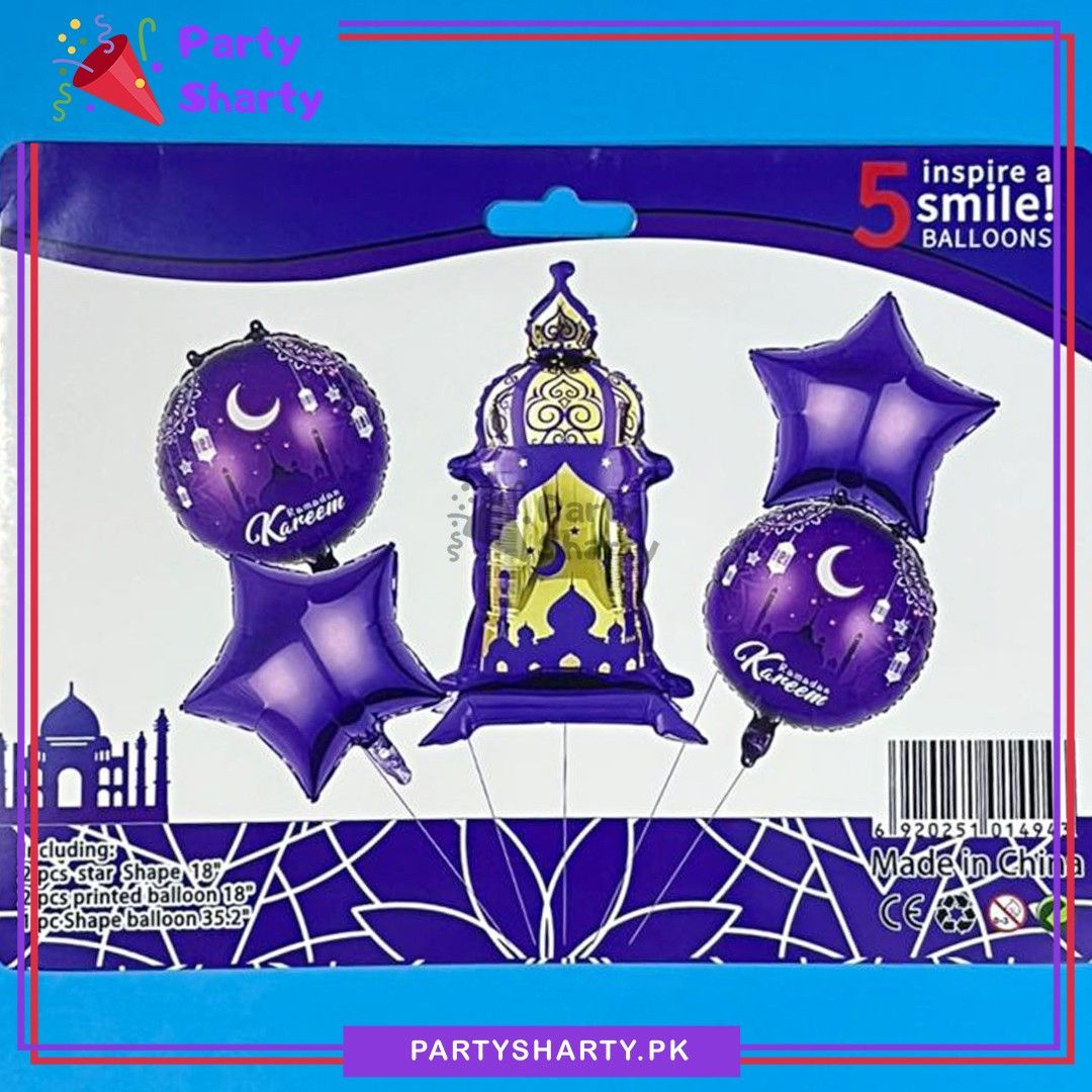 5pcs/set Purple Ramadan Kareem Lantern Foil Balloon For Ramadan Decoration