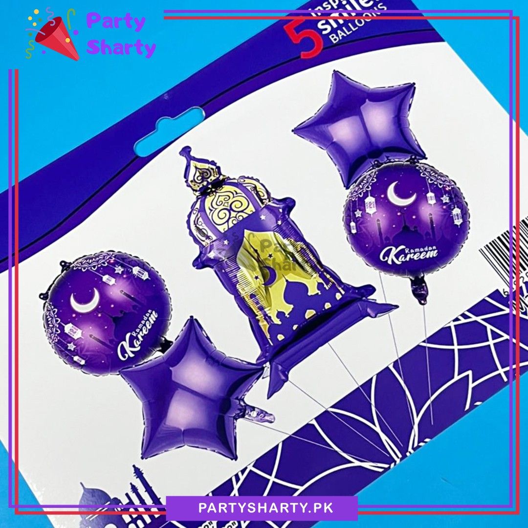 5pcs/set Purple Ramadan Kareem Lantern Foil Balloon For Ramadan Decoration