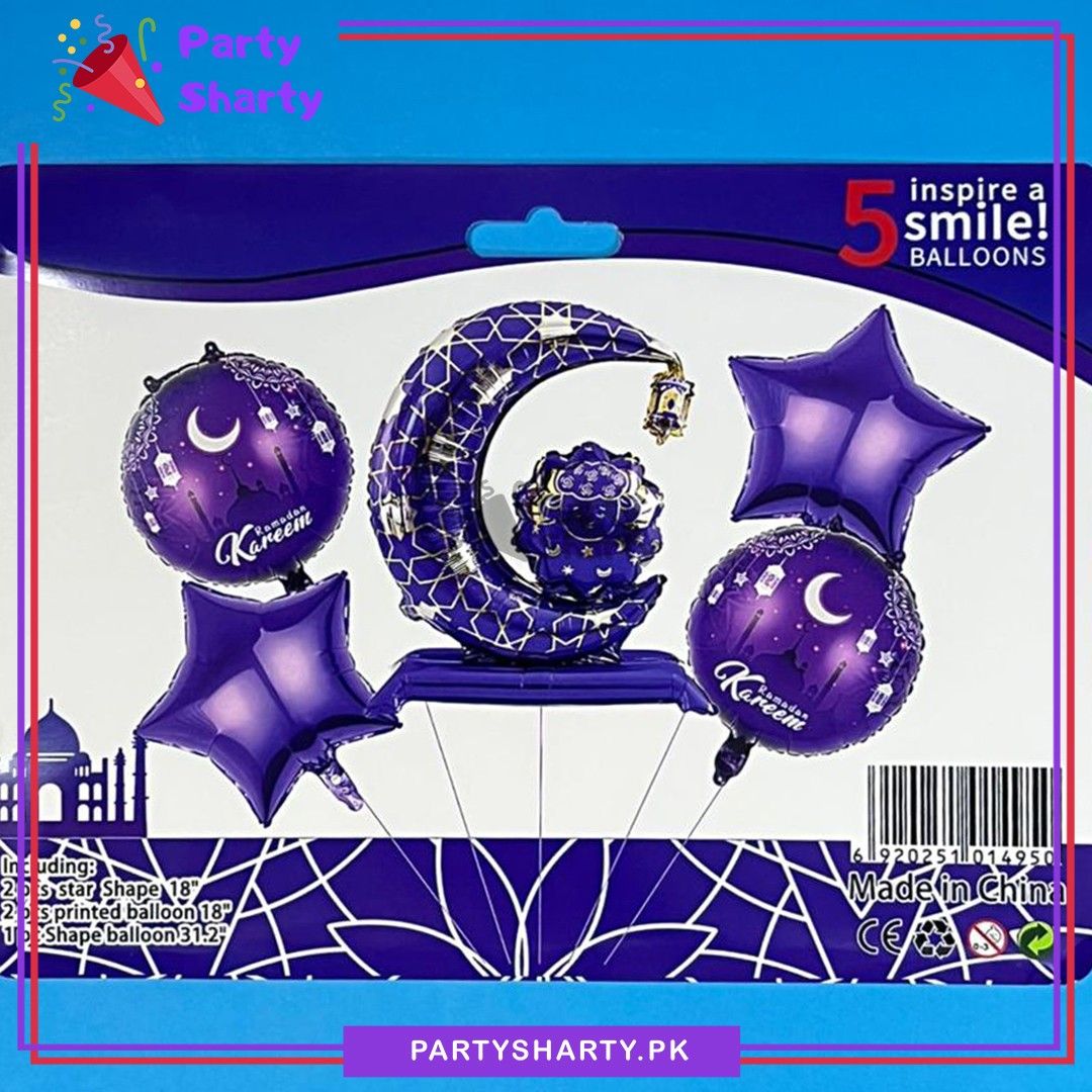 5pcs/set Purple Ramadan Kareem Crescent Moon Foil Balloon For Ramadan Decoration