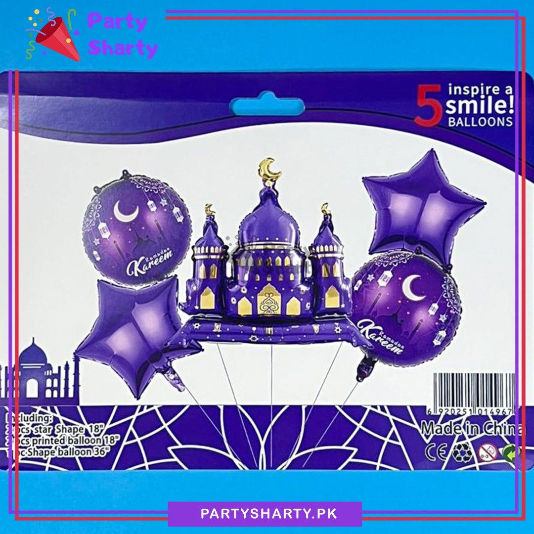 5pcs/set Purple Ramadan Kareem Mosque Shape Foil Balloon For Ramadan Decoration