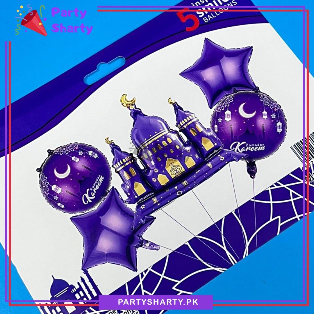 5pcs/set Purple Ramadan Kareem Mosque Shape Foil Balloon For Ramadan Decoration