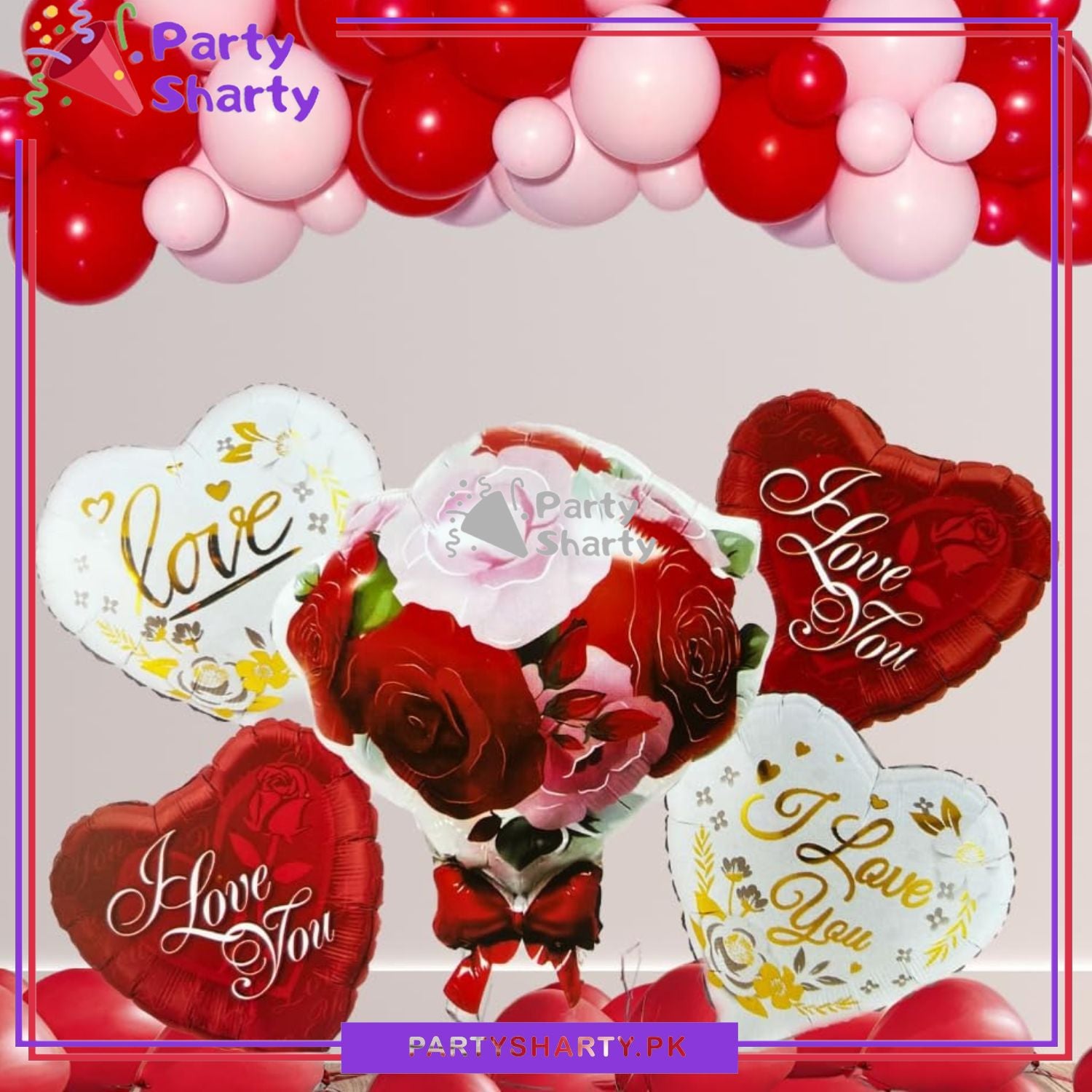 5pcs/set Flower Bouquet Foil with 4 I Love You Printed Heart Shaped Foil Balloons For Party Decoration and Celebration