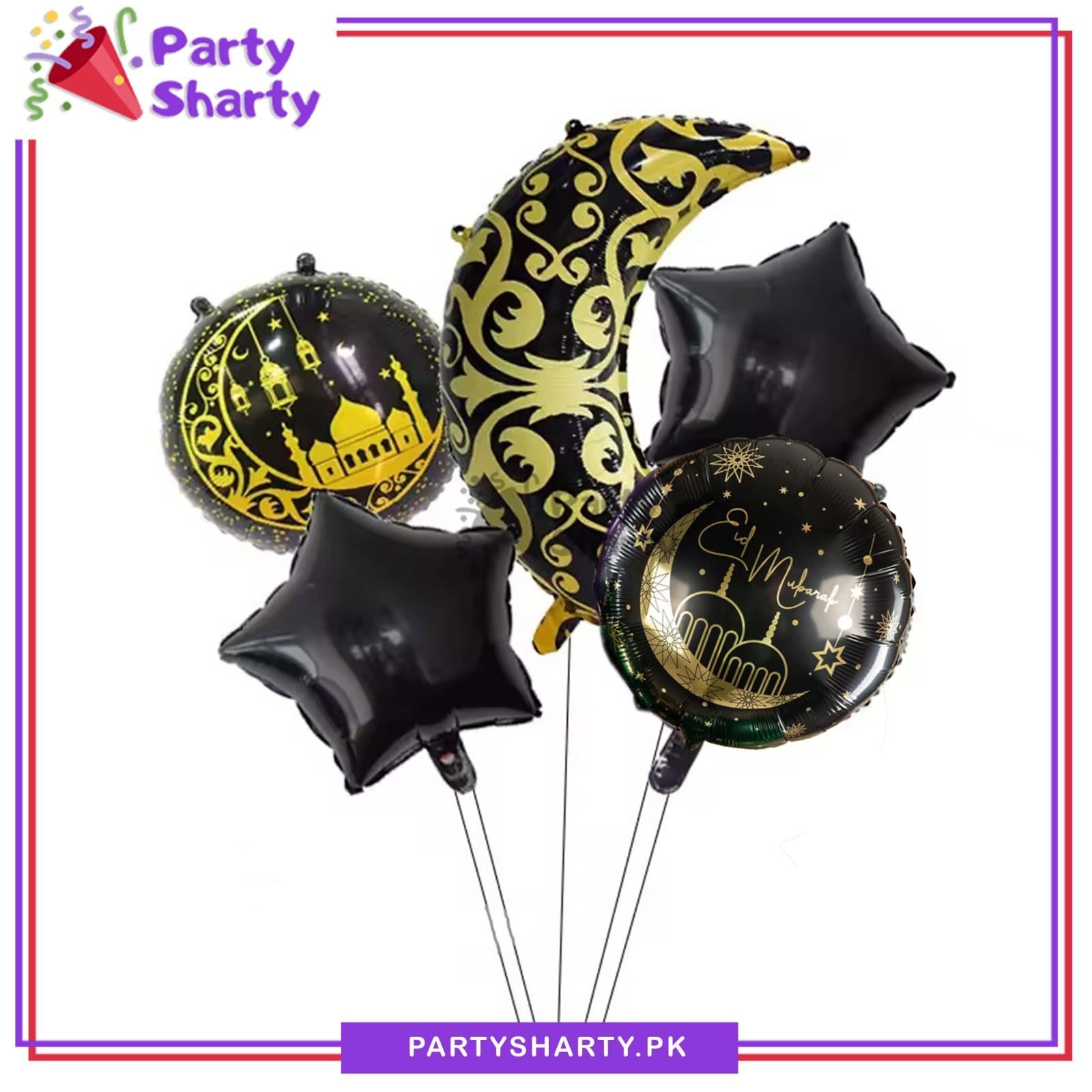 5pcs/set Golden & Black Eid Mubarak Crescent Moon Shape Foil Balloon For Eid Decoration & Celebration