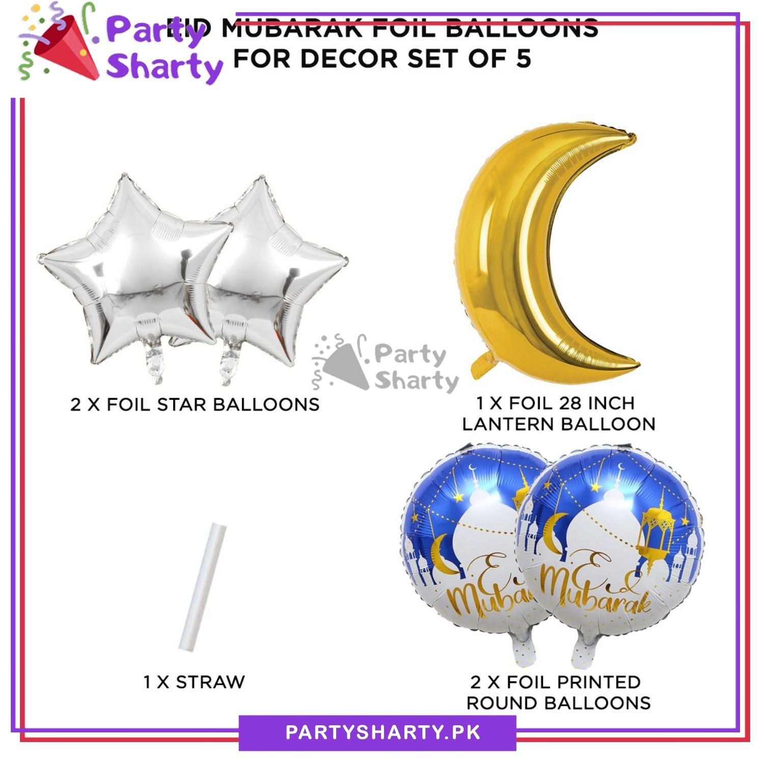 5pcs/set Golden Crescent Moon Eid Mubarak Foil Balloon For Eid Milan Party Decoration and Celebration