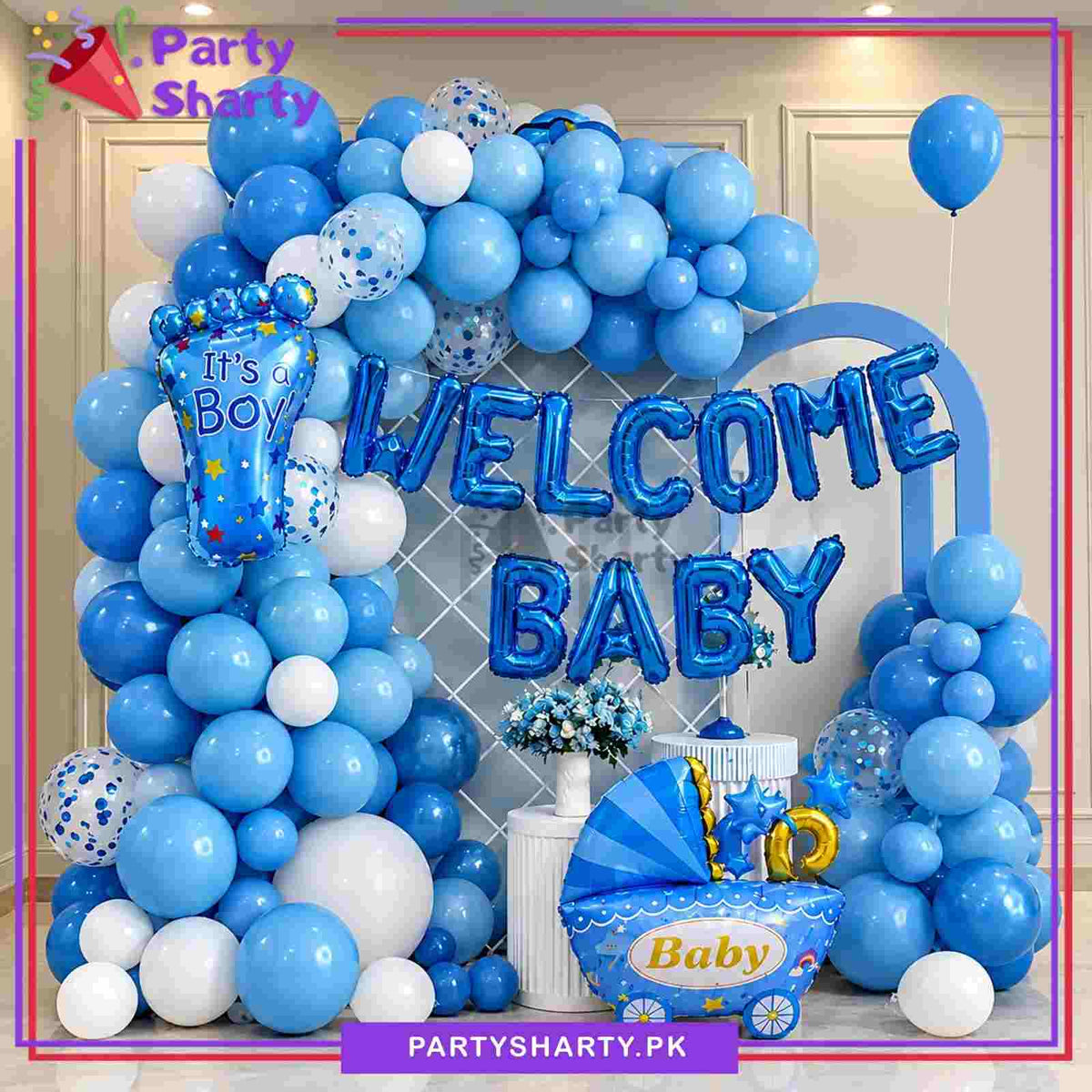 73pcs Blue Welcome Baby With Foot & Stylish Cart Theme Set for Welcome Baby Decoration