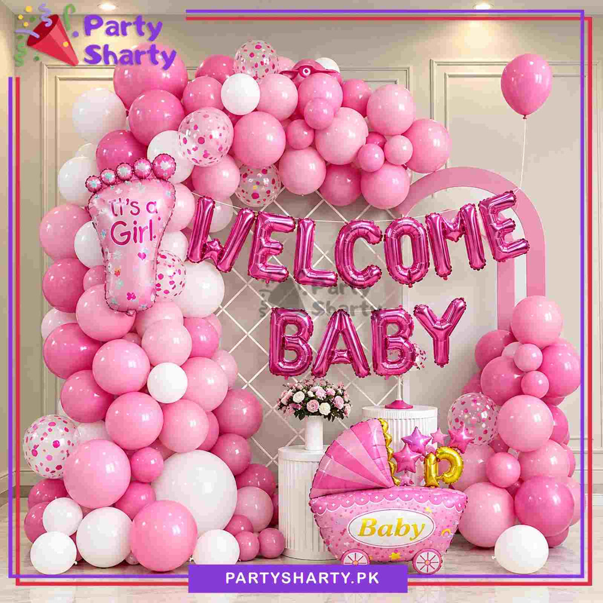 73pcs Pink Welcome Baby With Foot & Stylish Cart Theme Set for Welcome Baby Decoration