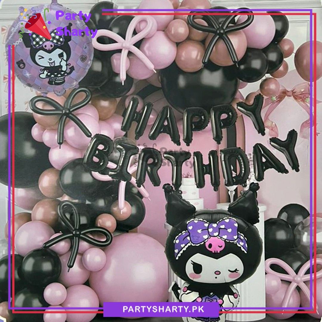 65pcs Pink & Black Happy Birthday Kuromi Sanrio Theme Set For Birthday Party Decoration & Celebration
