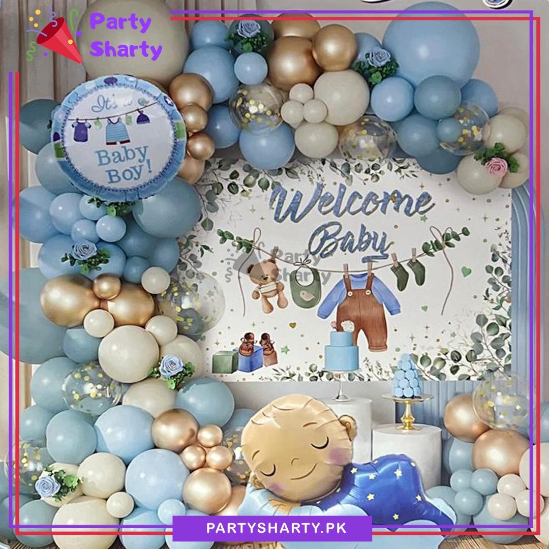 66pcs Welcome Baby Boy Theme Set With Sleeping Baby Foil Balloon for Welcome Baby Event Decoration & Celebration
