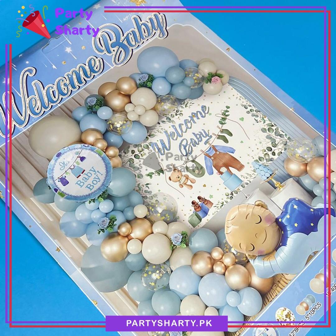 66pcs Welcome Baby Boy Theme Set With Sleeping Baby Foil Balloon for Welcome Baby Event Decoration & Celebration