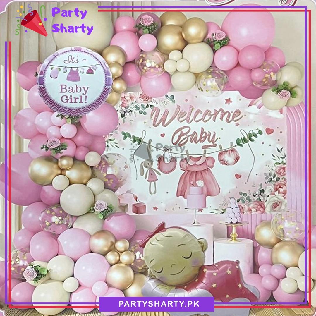 66pcs Welcome Baby Girl Theme Set With Sleeping Baby Foil Balloon for Welcome Baby Decoration & Celebration