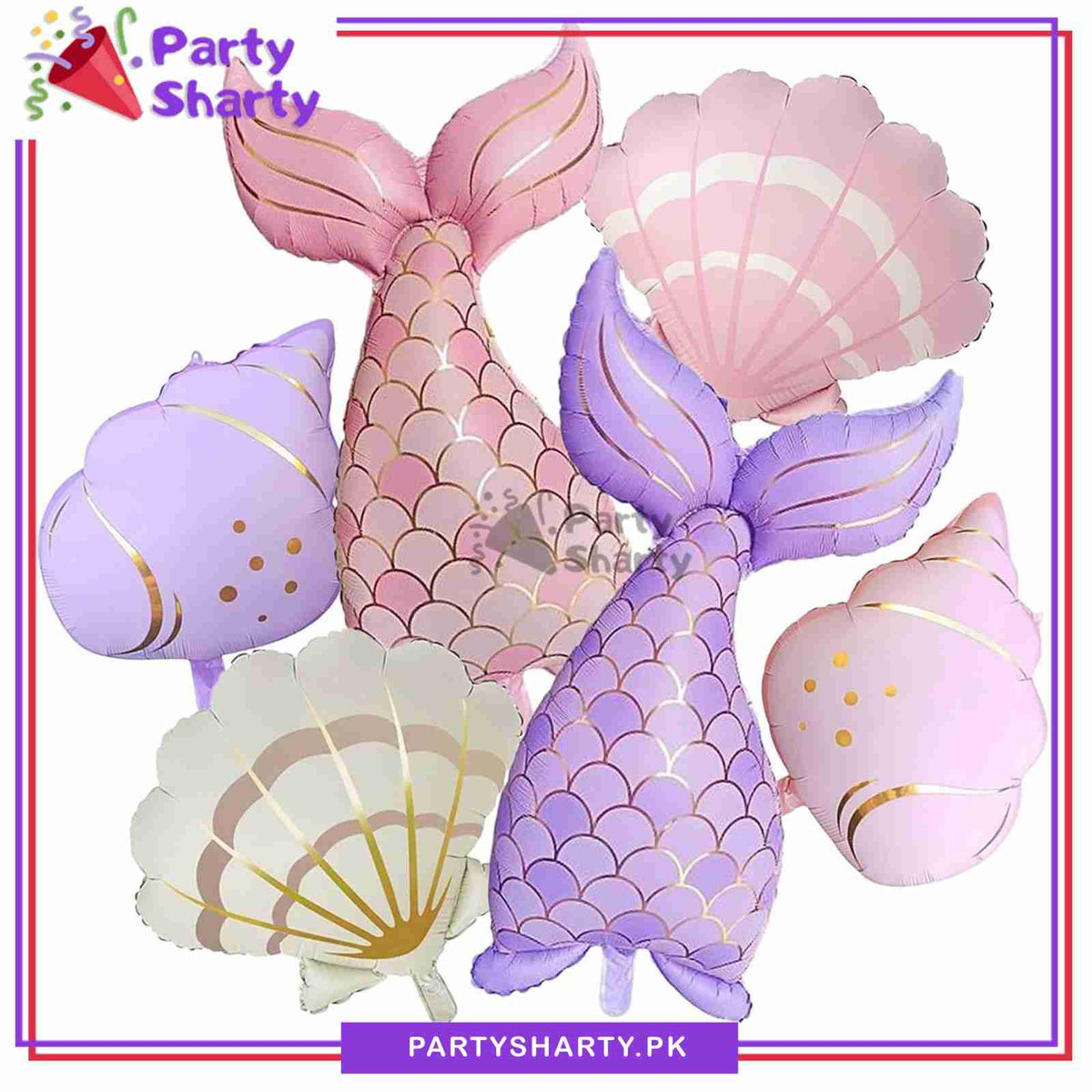 6pcs Pastel Color Mermaid Tail with Shell Foil Balloons Set For Mermaid & Under The Sea Theme Decoration