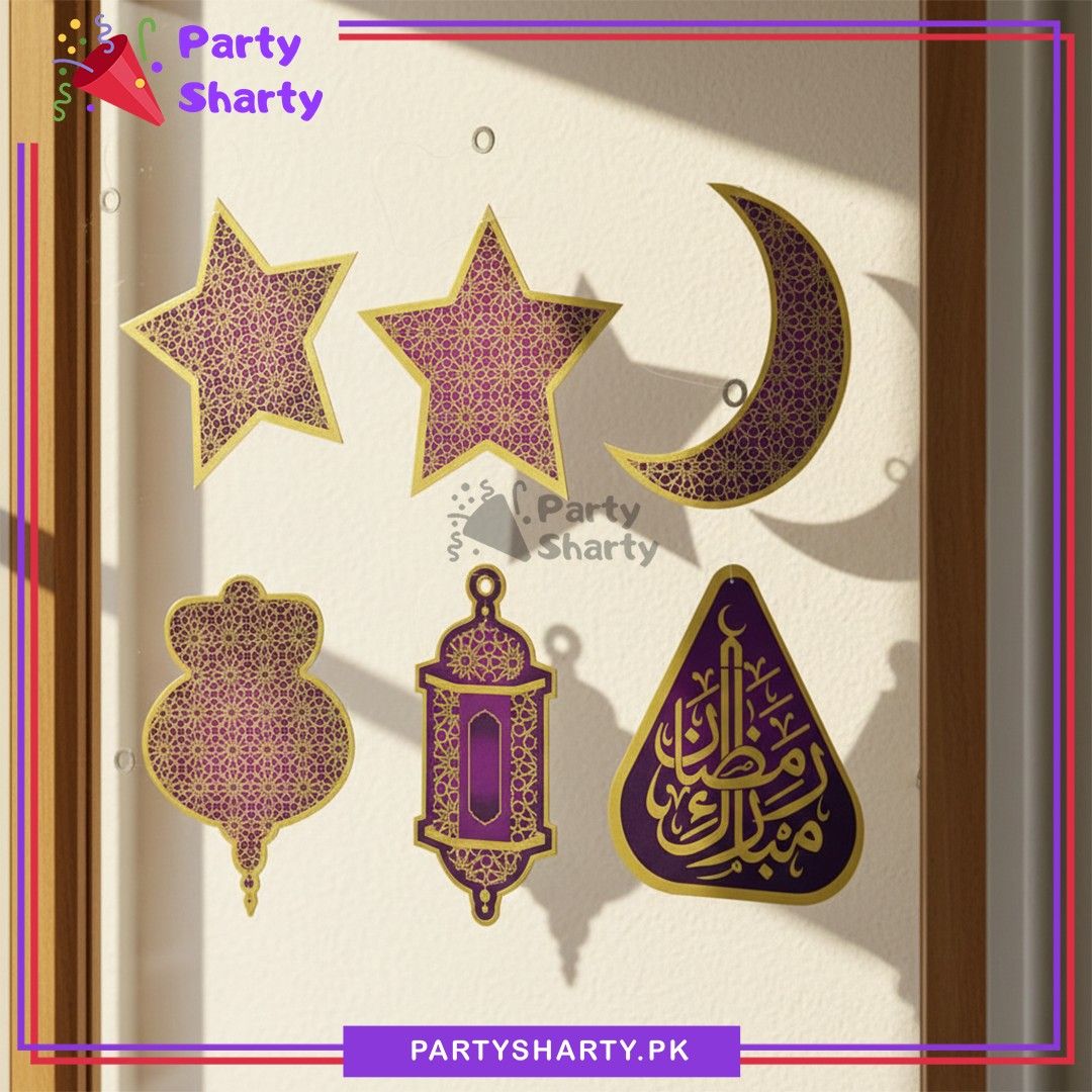 6pcs/Set Purple Ramadan Mubarak Lantern, Moon & Stars Hanging For Ramadan Decoration