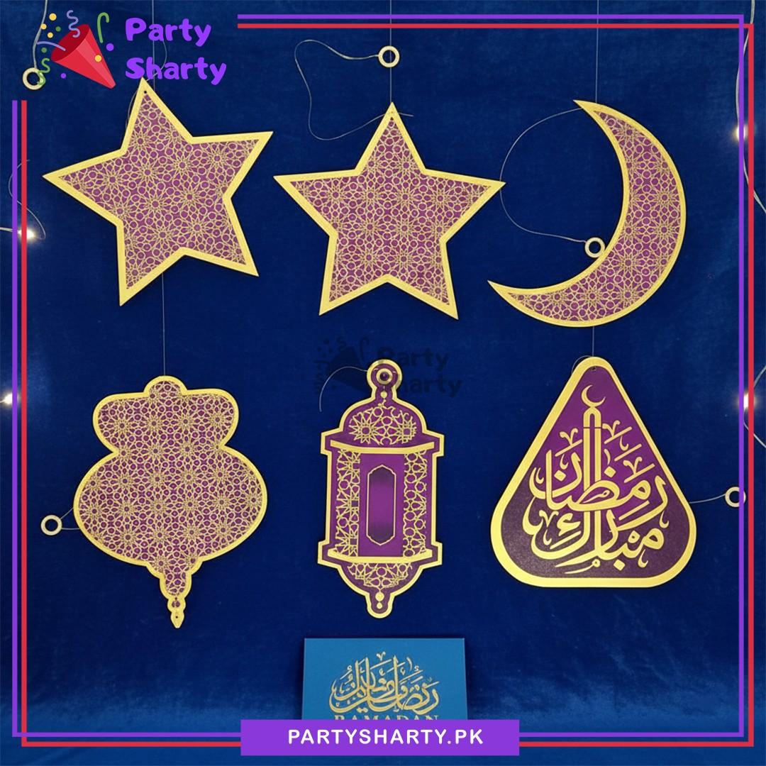 6pcs/Set Purple Ramadan Mubarak Lantern, Moon & Stars Hanging For Ramadan Decoration