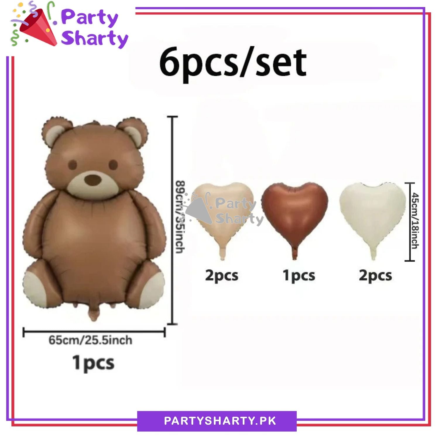 6pcs/Set Matte Teddy Bear with Heart Foil Balloons For Teddy Bear Theme Party Decoration And Celebration