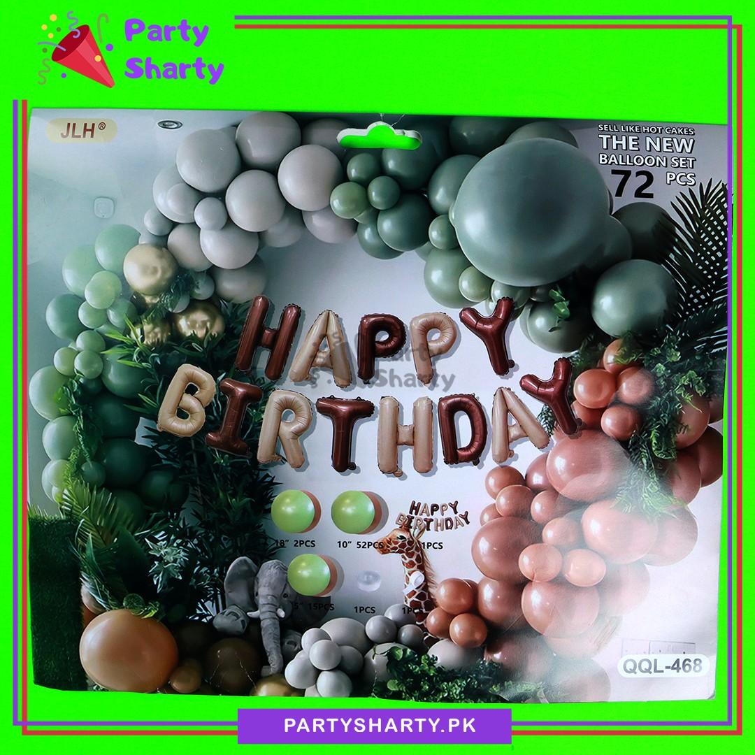 72pcs Happy Birthday Chocolate with Caramel Brown Foil Banner with Sand White, Olive Green & Mocha Brown Balloons Garland Set