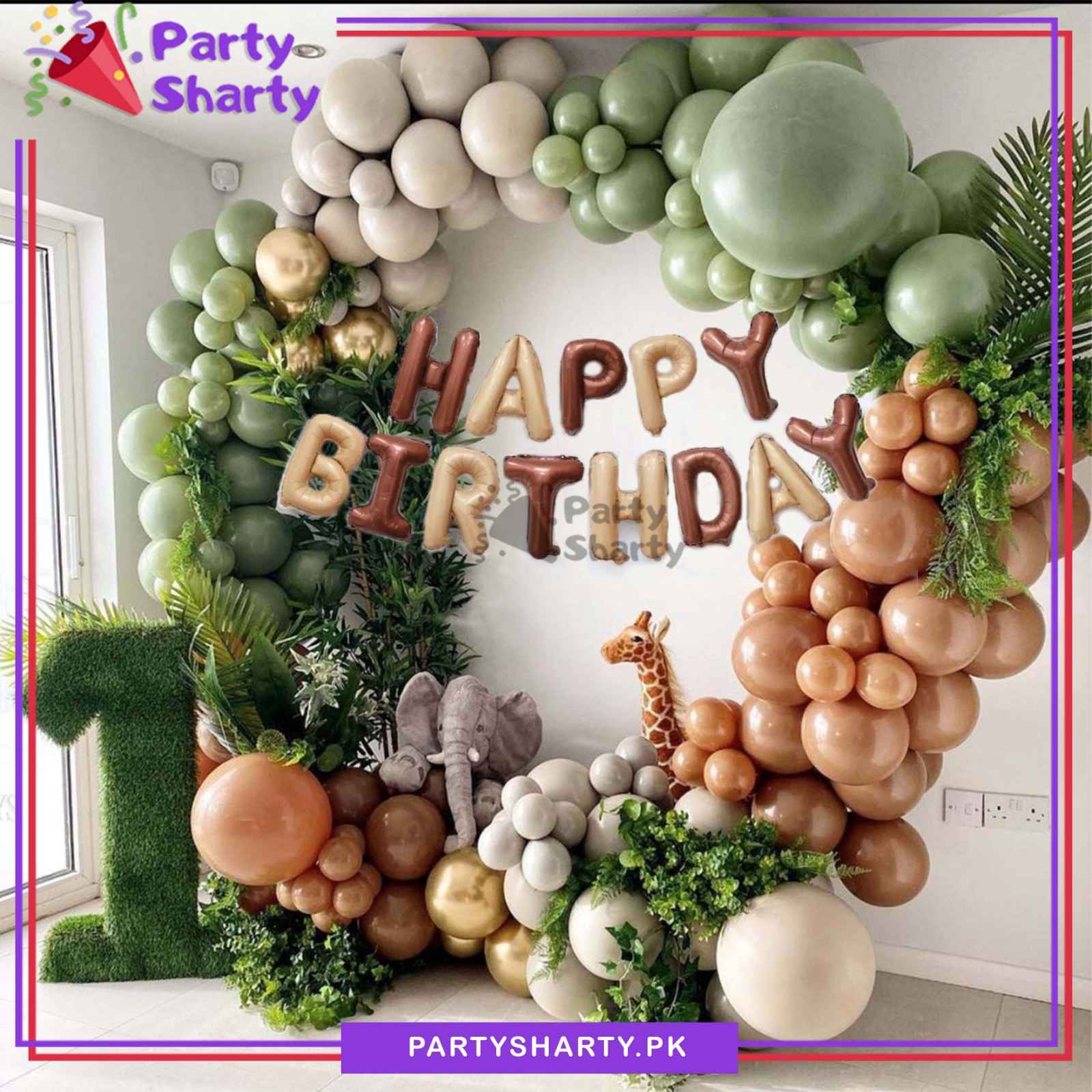 72pcs Happy Birthday Chocolate with Caramel Brown Foil Banner with Sand White, Olive Green & Mocha Brown Balloons Garland Set