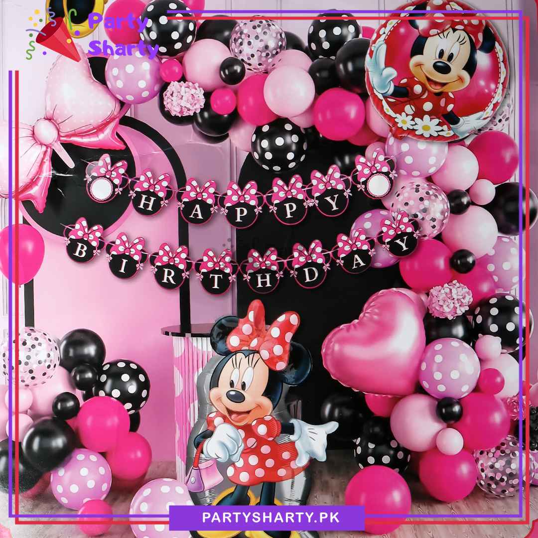 73pcs Happy Birthday Minnie Mouse Red, Pink & Black Theme Set for Theme Based Birthday Decoration and Celebration