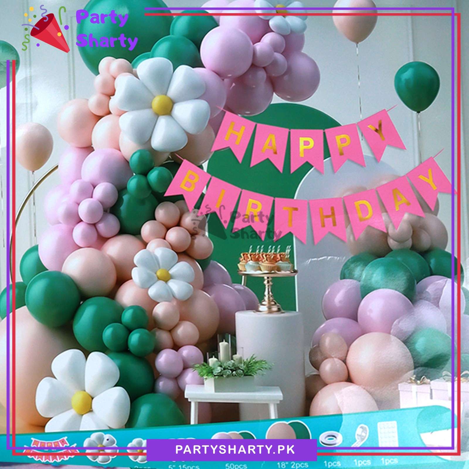 75pcs Pink HBD Card Banner with Green, Baby Pink with Daisy Flower Balloon Garland Set For Birthday Decoration