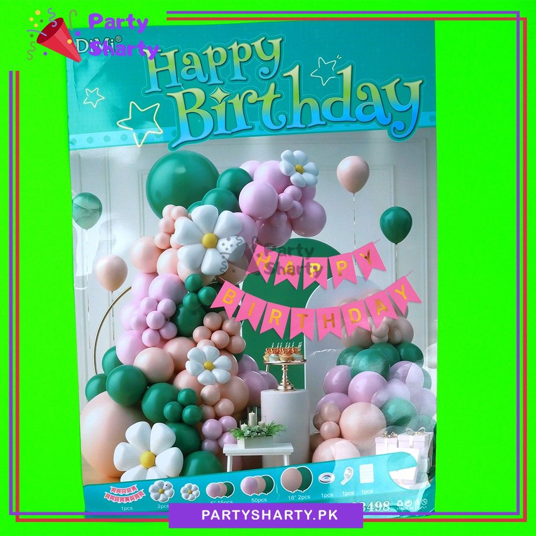 75pcs Pink HBD Card Banner with Green, Baby Pink with Daisy Flower Balloon Garland Set For Birthday Decoration