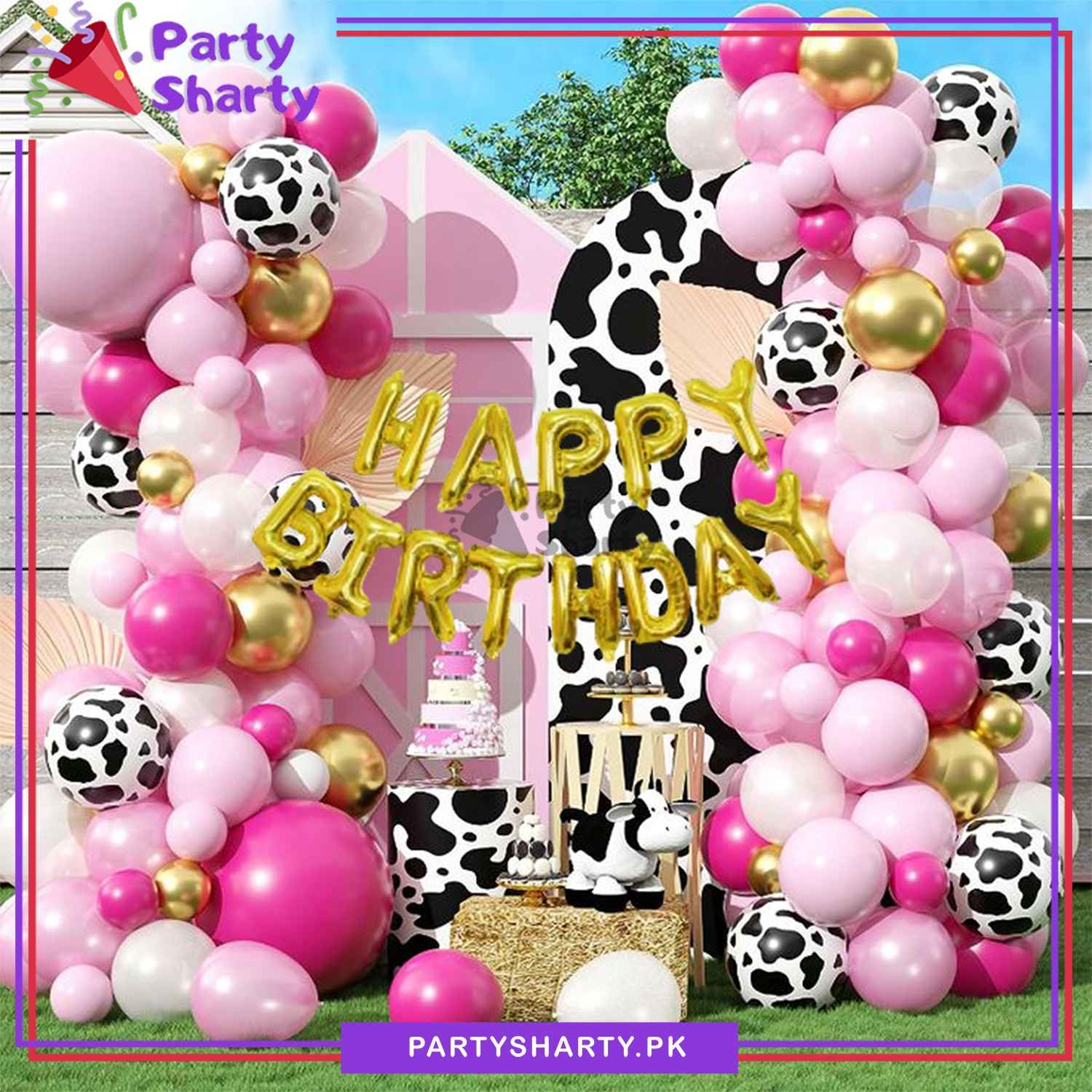 77pcs Happy Birthday Golden with Pink & White Cow Theme Set For Farm Animal Themed Party Decoration & Celebration