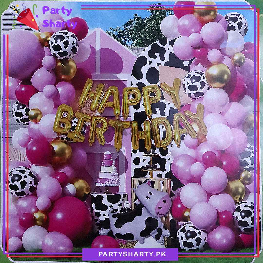 77pcs Happy Birthday Golden with Pink & White Cow Theme Set For Farm Animal Themed Party Decoration & Celebration