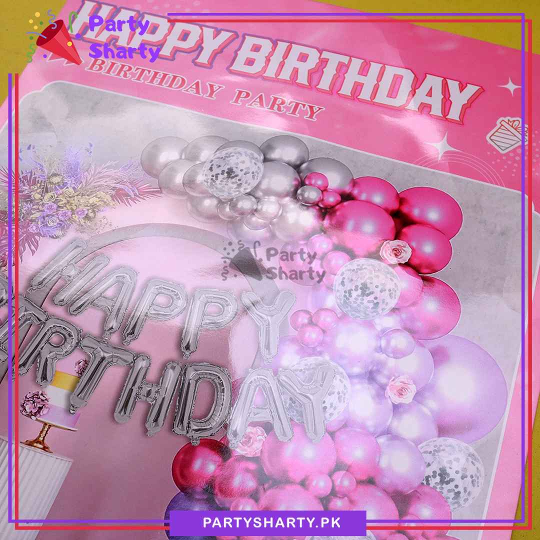 81pcs Silver Happy Birthday Foil Banner with Silver, Pink & Purple Balloon Garland Set For Princess Theme Birthday Decoration