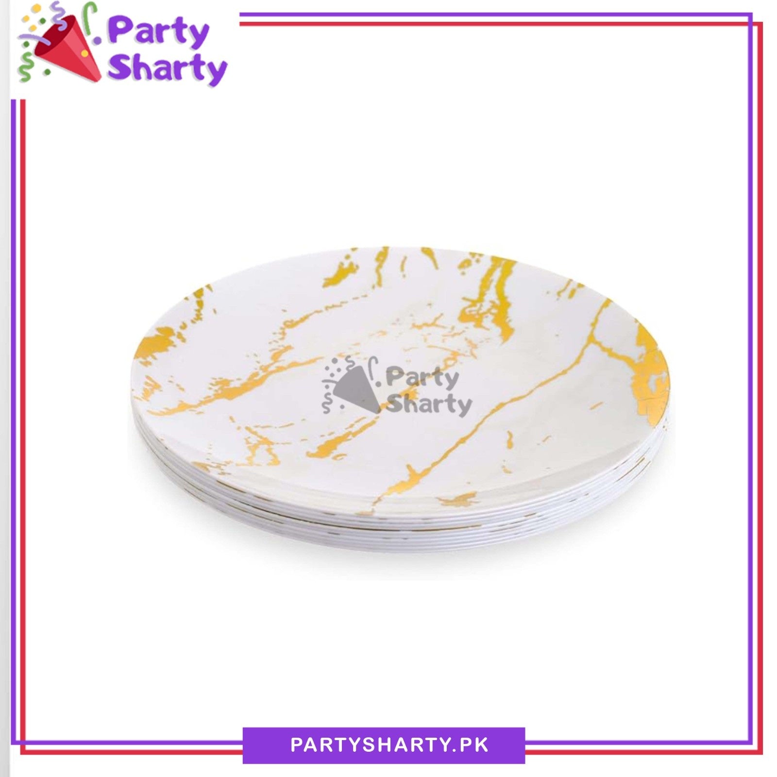 7inches White with Gold Marble Design Print Plastic Reusable Plastic Plates For Party Event Decoration & Celebration