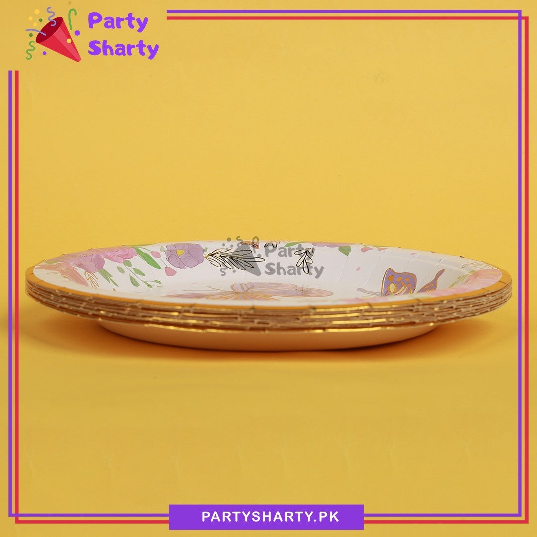 7inches Cute Butterfly Theme Golden Foil Print Paper Plates Pack of 10 for Butterfly Theme Party Decoration