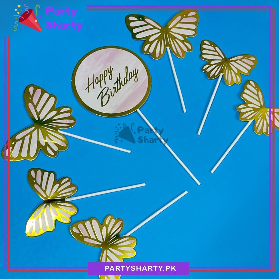 7pcs/Set Golden Foil Print Happy Birthday with Butterfly Theme Cake Topper for Birthday Celebration