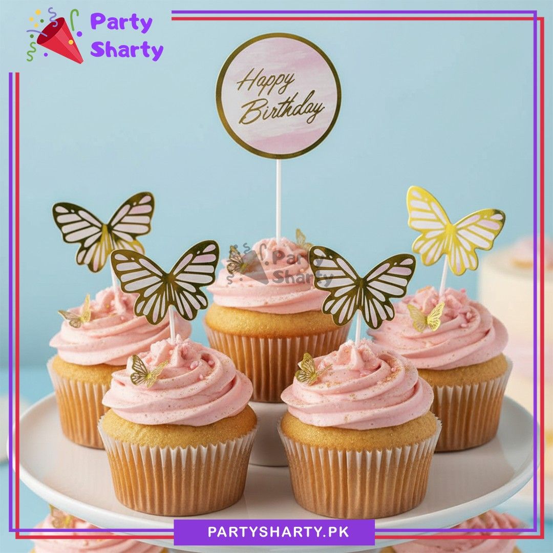 7pcs/Set Golden Foil Print Happy Birthday with Butterfly Theme Cake Topper for Birthday Celebration