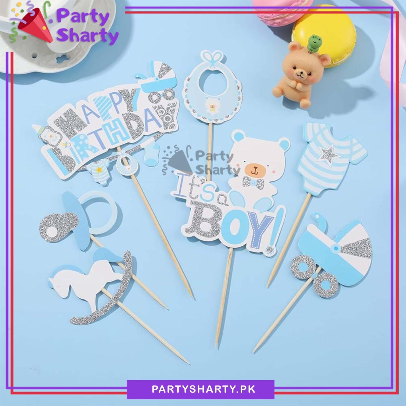 7pcs/Set Its a Boy Theme Cake Topper for Welcome Baby, Gender Reveal or Baby Shower Decoration and Celebration