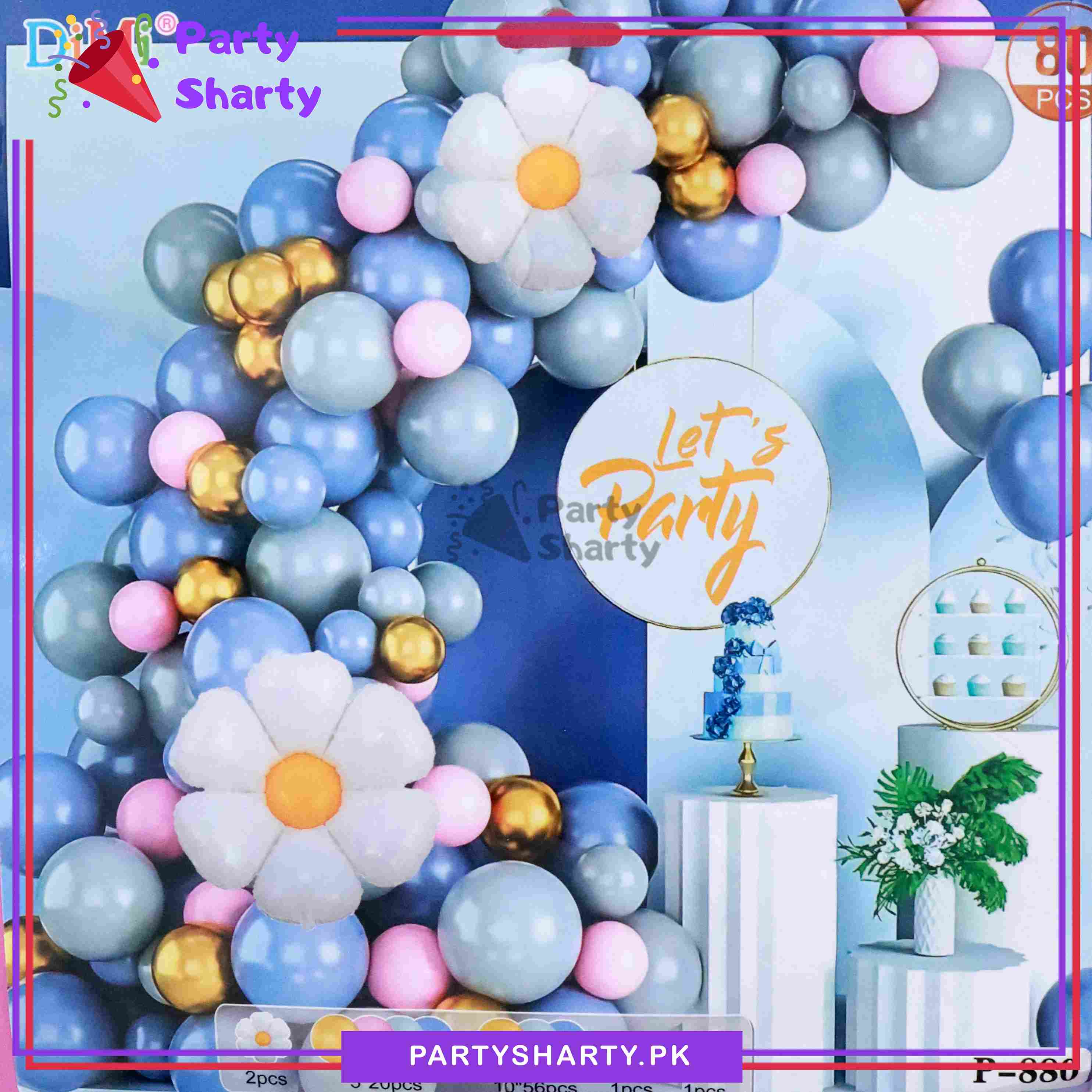 80pcs Lake Blue, Haze Grey, Pink & Golden Metallic With Daisy Flower Foil Balloons Set for Theme Party Decoration