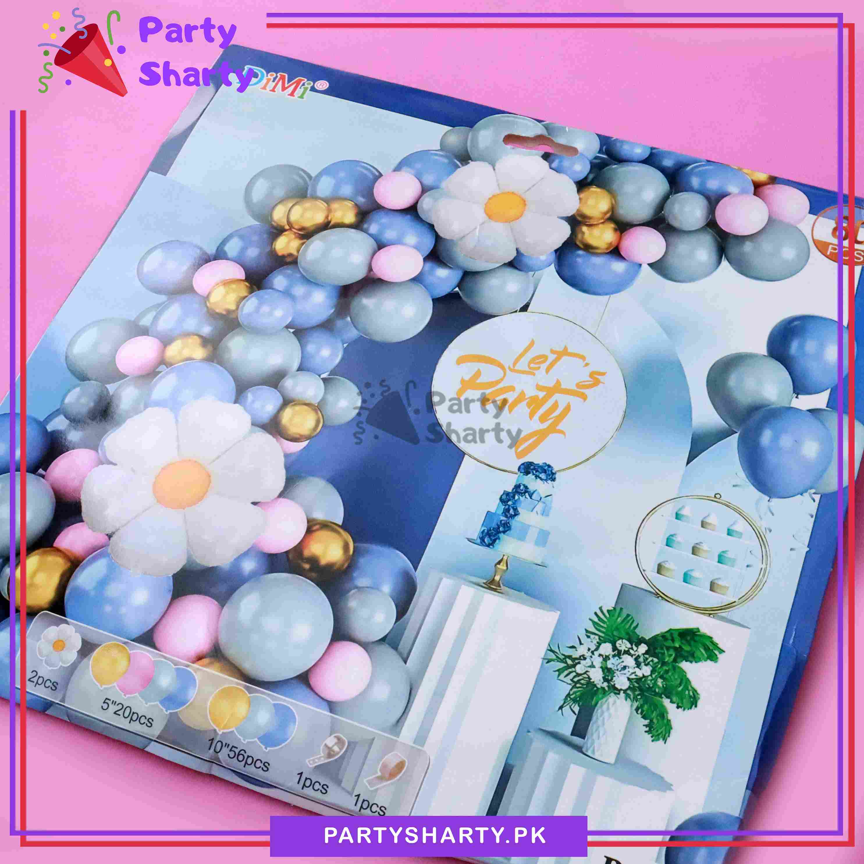 80pcs Lake Blue, Haze Grey, Pink & Golden Metallic With Daisy Flower Foil Balloons Set for Theme Party Decoration