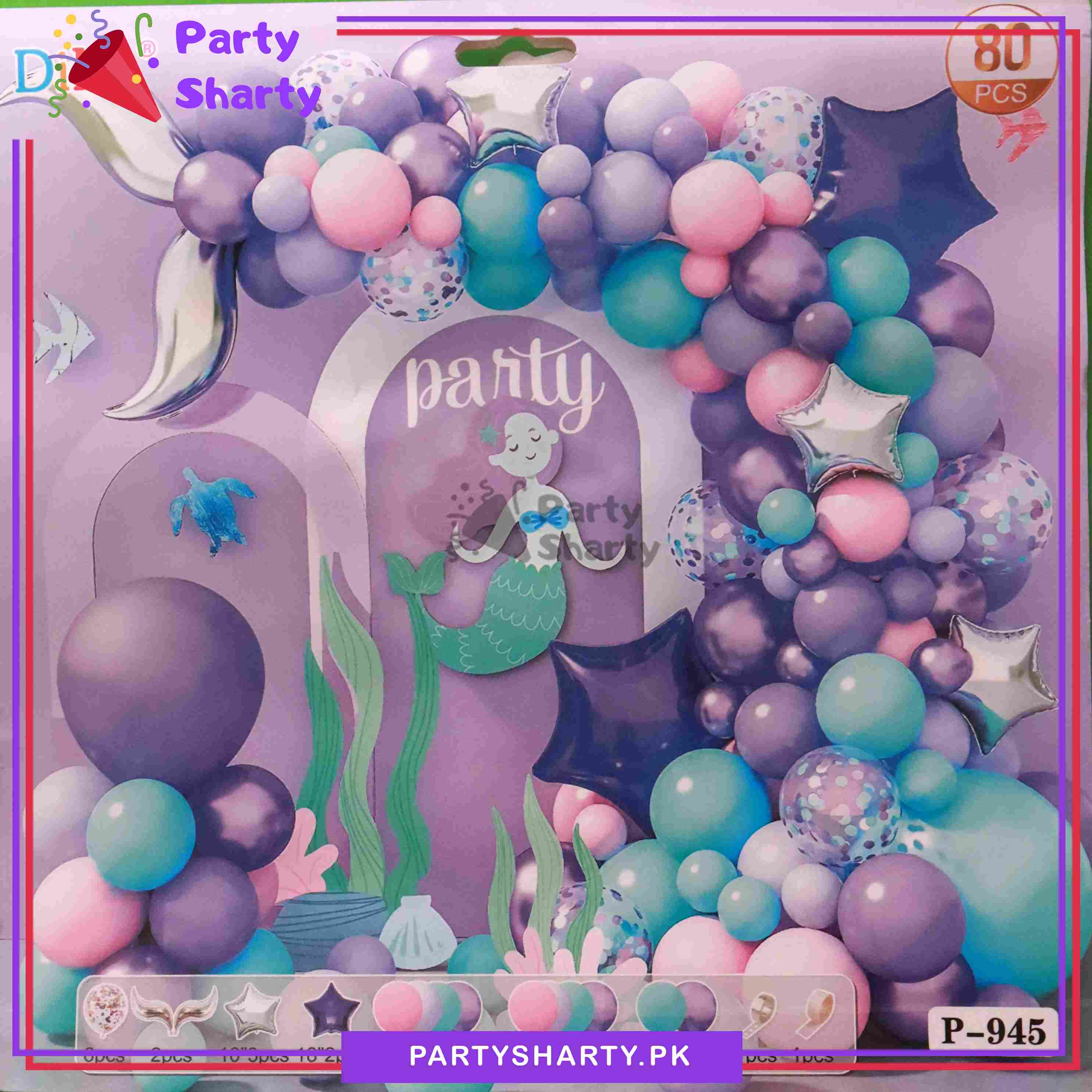 80pcs Mermaid Theme Tail Balloons Garland Set for Theme Based Birthday Decoration and Celebration