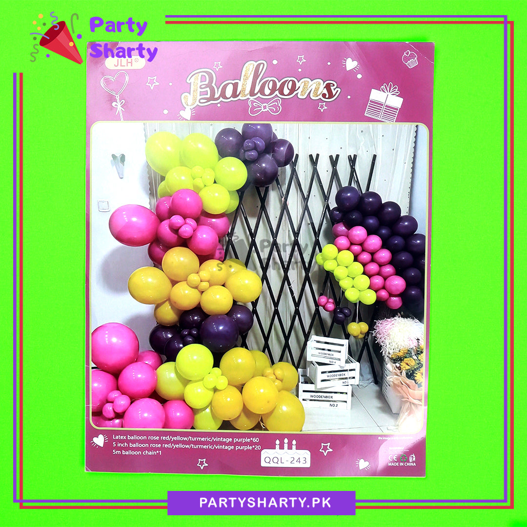 83pcs Dark Pink, Tumeric, Yellow and Purple Color Balloon Garland Set For Birthday, Anniversary, Bridal Shower Celebration And Decoration