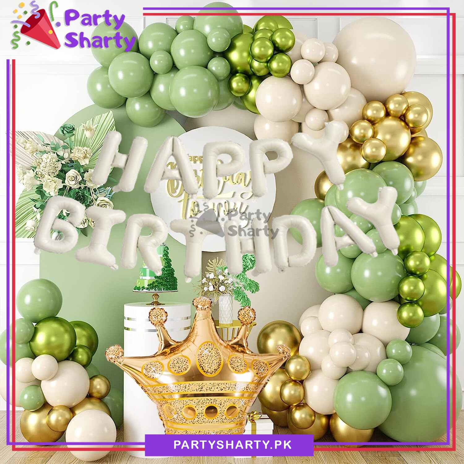 83pcs Happy Birthday Foil Banner with Sage Green, Sand White & Golden Balloon Garland Set For Birthday Decoration & Celebration