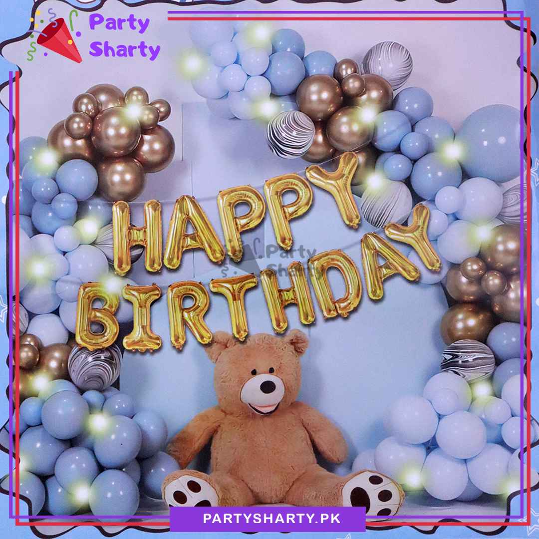 84pcs Happy Birthday Golden with Dusty Blue, Baby Blue & Golden Balloon Garland Arch Kit For Decoration