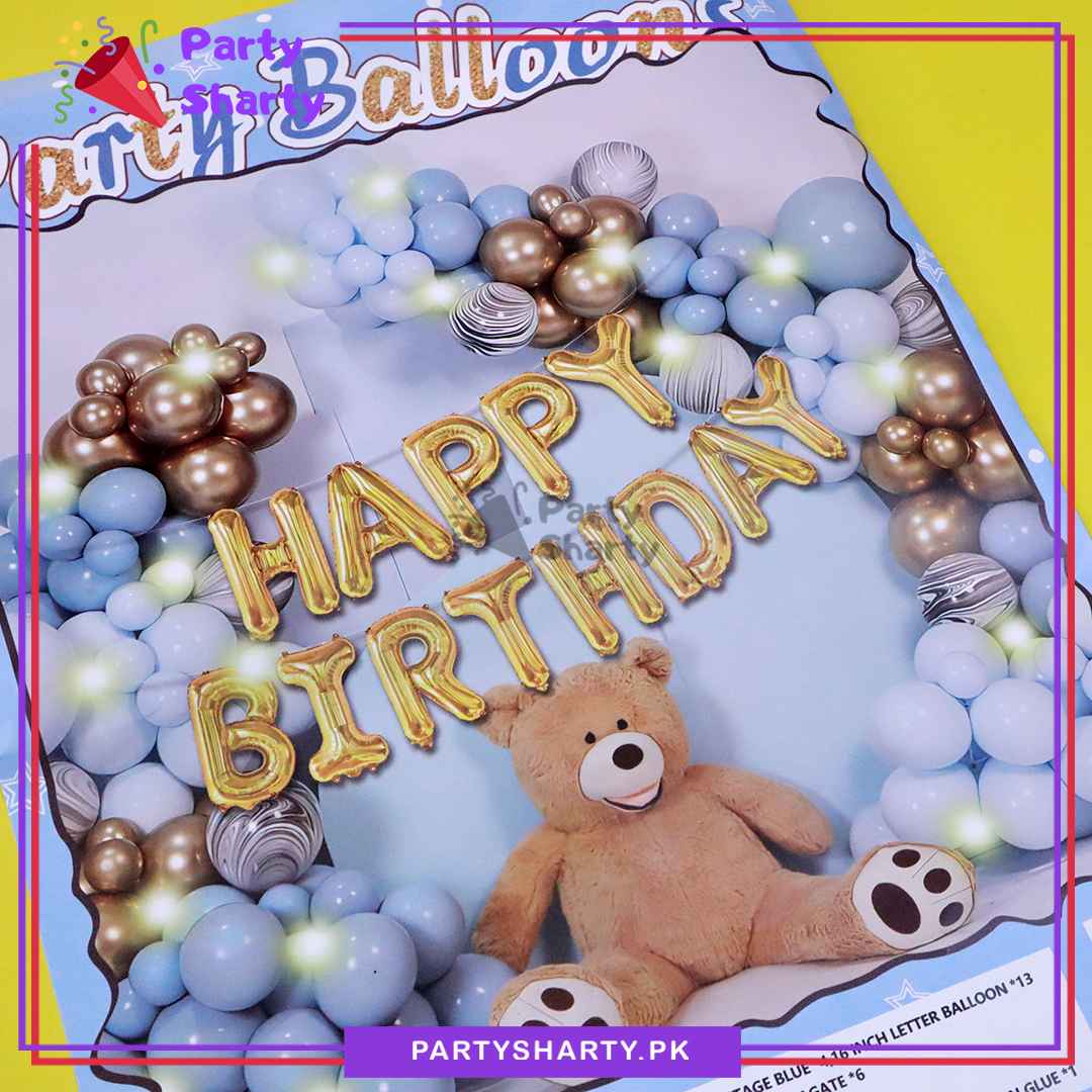 84pcs Happy Birthday Golden with Dusty Blue, Baby Blue & Golden Balloon Garland Arch Kit For Decoration